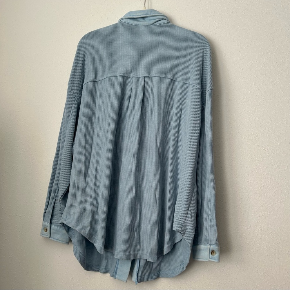 Sky Blue Waffle Knit Pocketed Button-Up Shacket - Picture 16 of 16